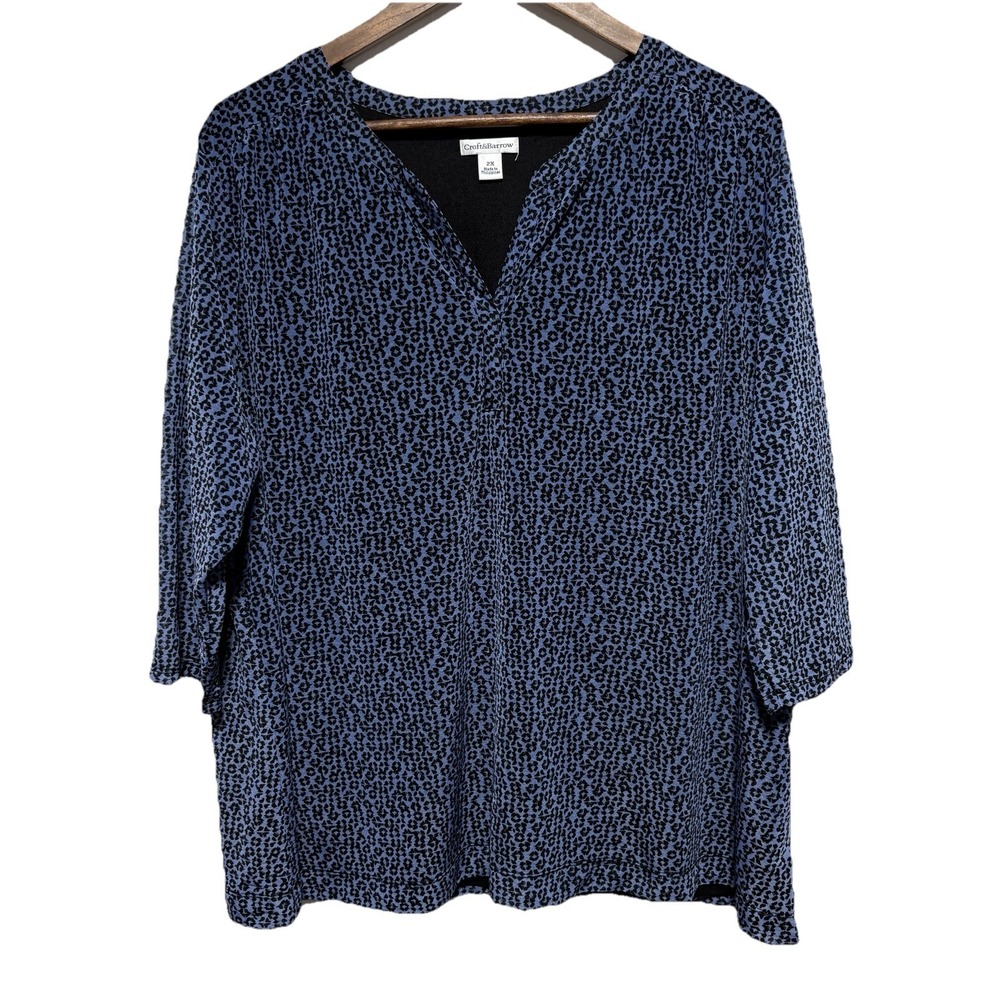 Croft Barrow Blouse Womens 2x Blue Geometric 3/4 Sleeve Popover Lightweight Top